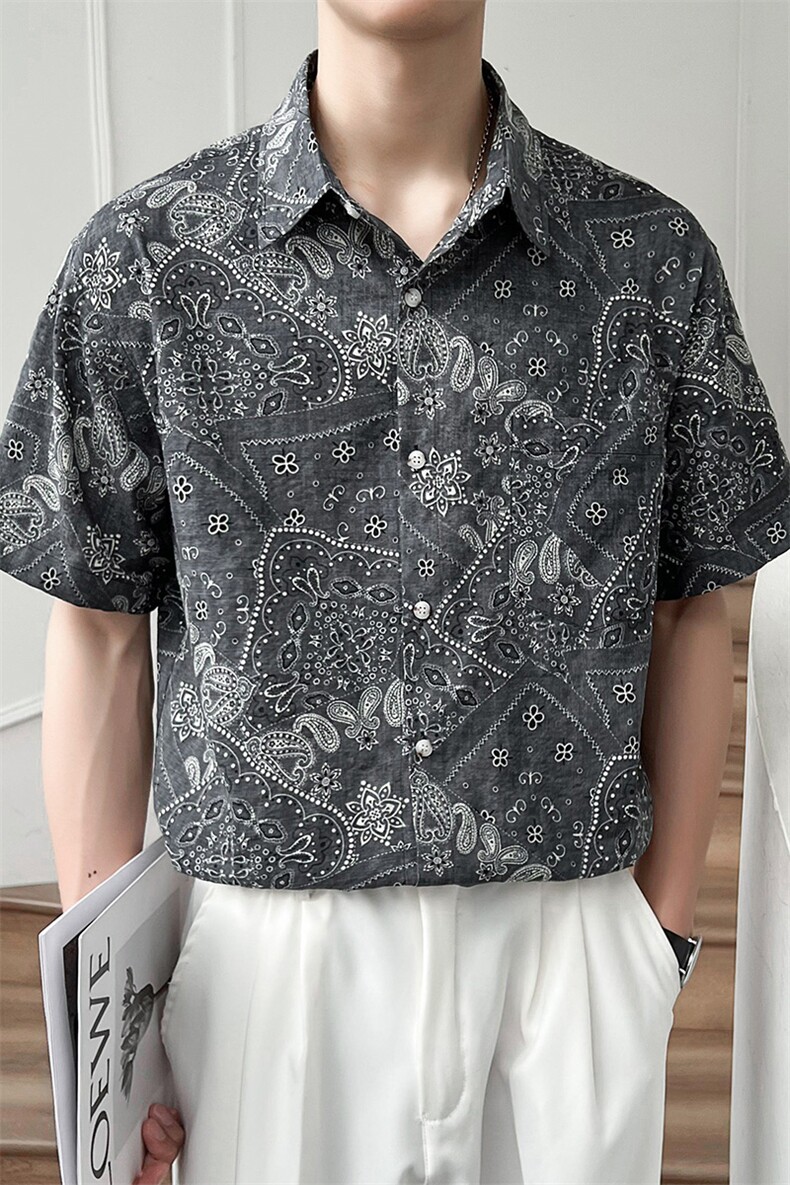 轻熟风夏季印花短袖衬衫男士潮痞帅半袖微宽松衬衣TZ94P50控78,男装T恤,电商B413