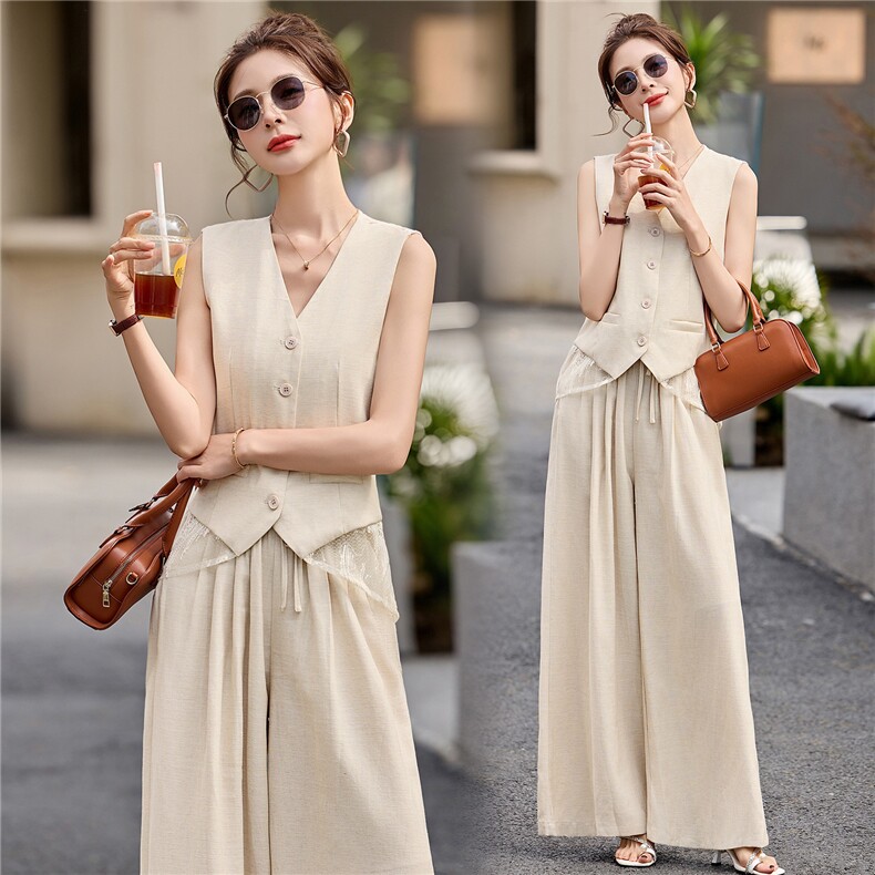 2026年夏季无袖优雅减龄气质洋气时尚拼接蕾丝绣花显瘦套装女，女装套装/套裙，美沁