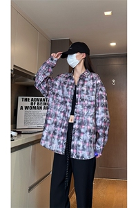 现货 早秋高街做旧紫格子长袖衬衫女扎染衬衣外套男 C18-P50-控78图片
