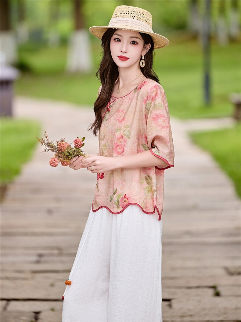 时尚洋气刺绣棉麻套装女2026夏季新款宽松遮肉显瘦阔腿裤两件套,女装套装/套裙,魅影
