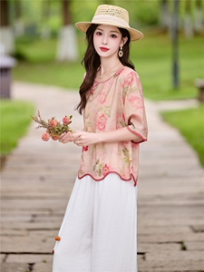 时尚洋气刺绣棉麻套装女2026夏季新款宽松遮肉显瘦阔腿裤两件套图片
