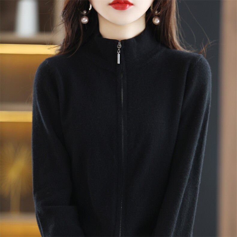 新款羊毛开衫女立领拉链毛衣外套半高领宽松针织外搭衫,女装羊毛衫,暖思雅