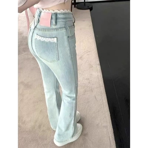 复古浅色蕾丝拼接微喇叭牛仔裤女秋季新款高腰修身弹力马蹄长裤子图片