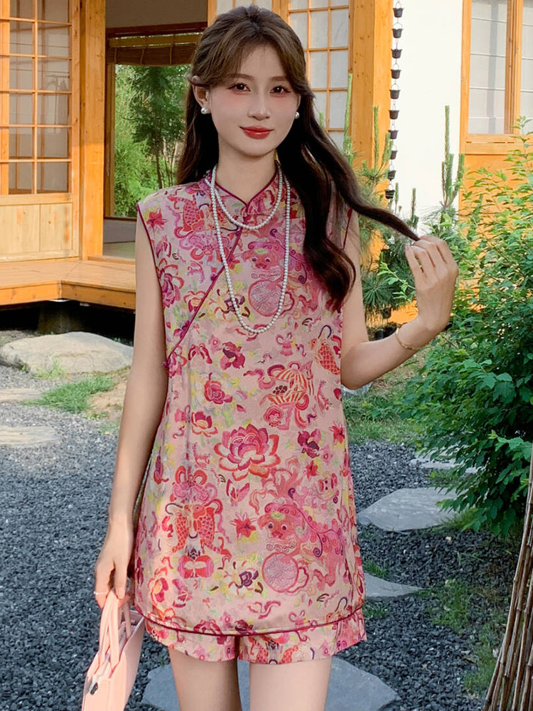 2025年夏季新款新中式古风高级感气质减龄无袖短裤两件套,女装套装/套裙,心心服饰