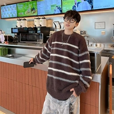 水貂绒条纹毛衣男冬季加厚慵懒风宽松外套秋冬款韩系马海毛针织衫，男装针织衫/毛衣，星座1013