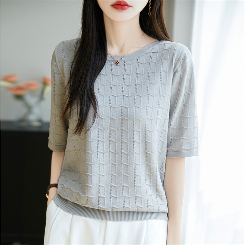 天丝针织正肩短袖T恤女2025夏季新款波浪纹镂空薄款透气纯色上衣t,女装T恤,昭美羊绒