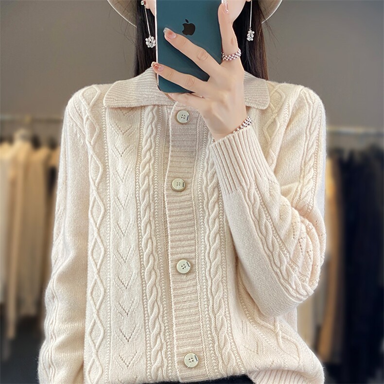 翻领绞花100%纯羊毛开衫女加厚针织毛衣外套宽松慵懒风羊绒衫外搭,女装羊毛衫,佑昭祥羊绒