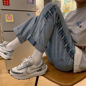 格子拼接复古牛仔裤男阔腿裤韩版潮流高街长裤潮牌ins宽松直筒裤图片