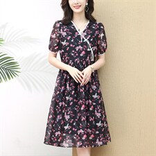 2022年夏季优雅舒适盘扣斜边凉爽有范连衣裙，女装连衣裙，梦芯尔