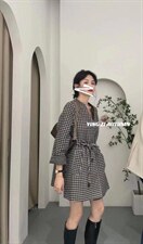 无领抽绳腰带双面羊绒大衣（千鸟格-咖啡色），其它，AMGO