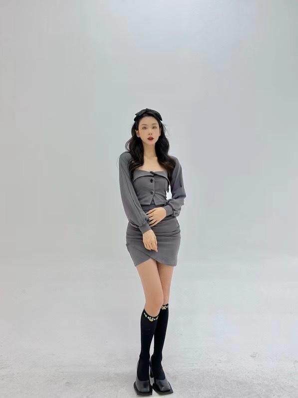 铁灰色修身性感套装，女装职业装，HE