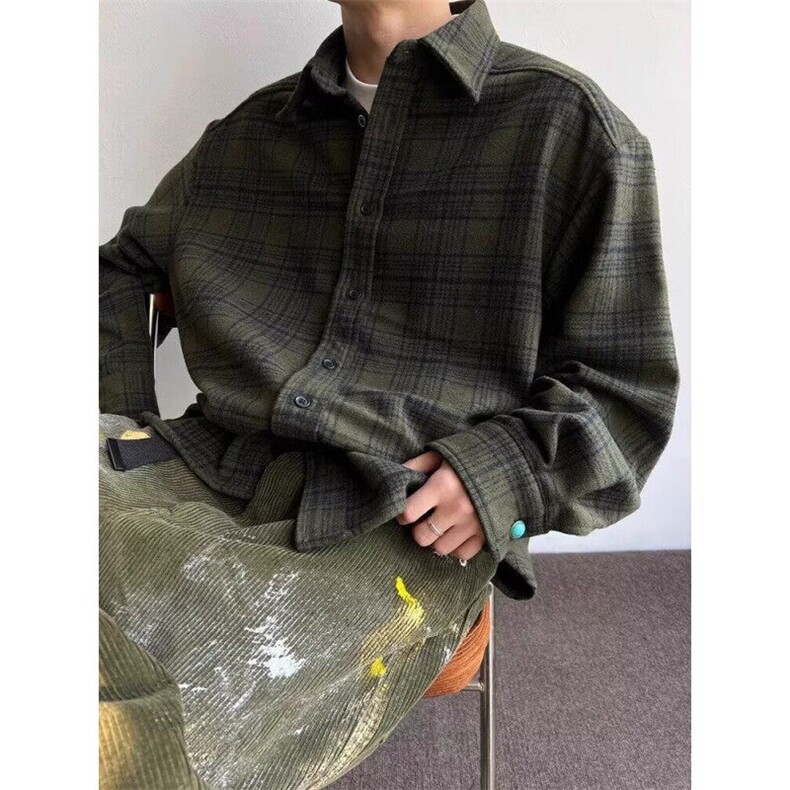 复古军绿色格子衬衫男款春秋潮牌设计呢料长袖衬衣外套C57,男装衬衫,星座1116A（原606A-3）