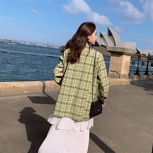 西装2021潮流时尚春季新款格子西装领排扣长袖宽松,女装西装,艾艾淮淮