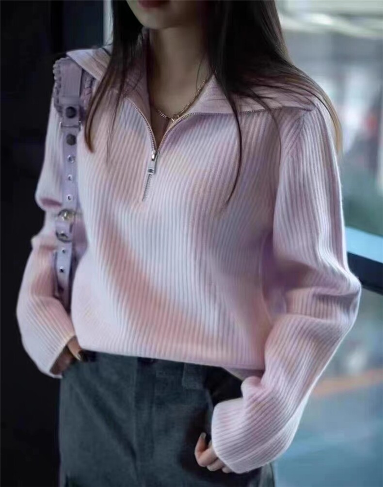 秋季新款舒适显瘦时尚百搭半拉链针织套头衫,女装羊毛衫,恒恩羊绒