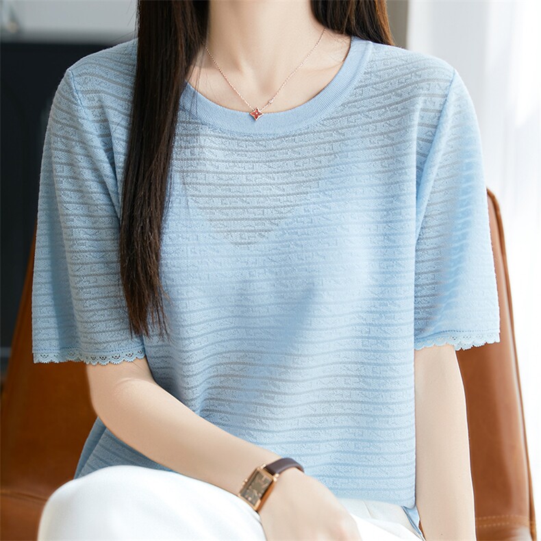 夏季新品2025韩版天丝半袖女圆领镂空大码短袖T恤女气质,针织衫/毛衣,唐诺