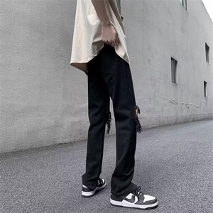 欧美高街vibe裤子美式街头纯黑色牛仔裤男破洞膝盖小众Z722 P37图片