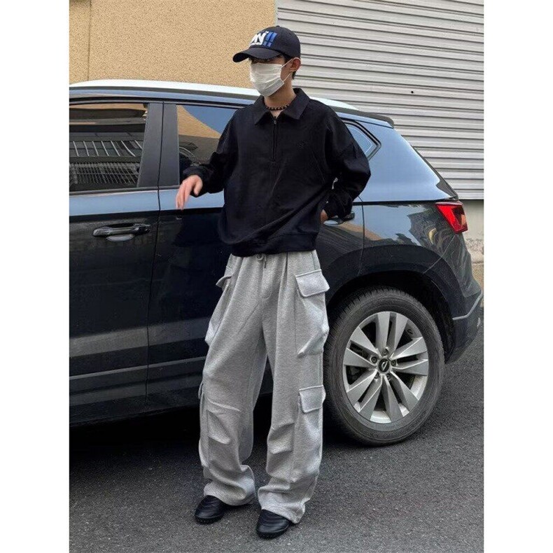 灰色重磅多口袋工装卫裤男宽松垂感阔腿裤直筒休闲运动裤K9005,男装休闲裤,星座1116A（原606A-3）