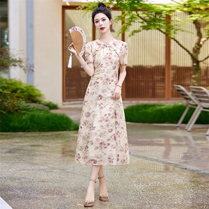 Acaine花楹曲/长款碎花长袖收腰连衣裙女夏季修身显瘦气质裙子图片