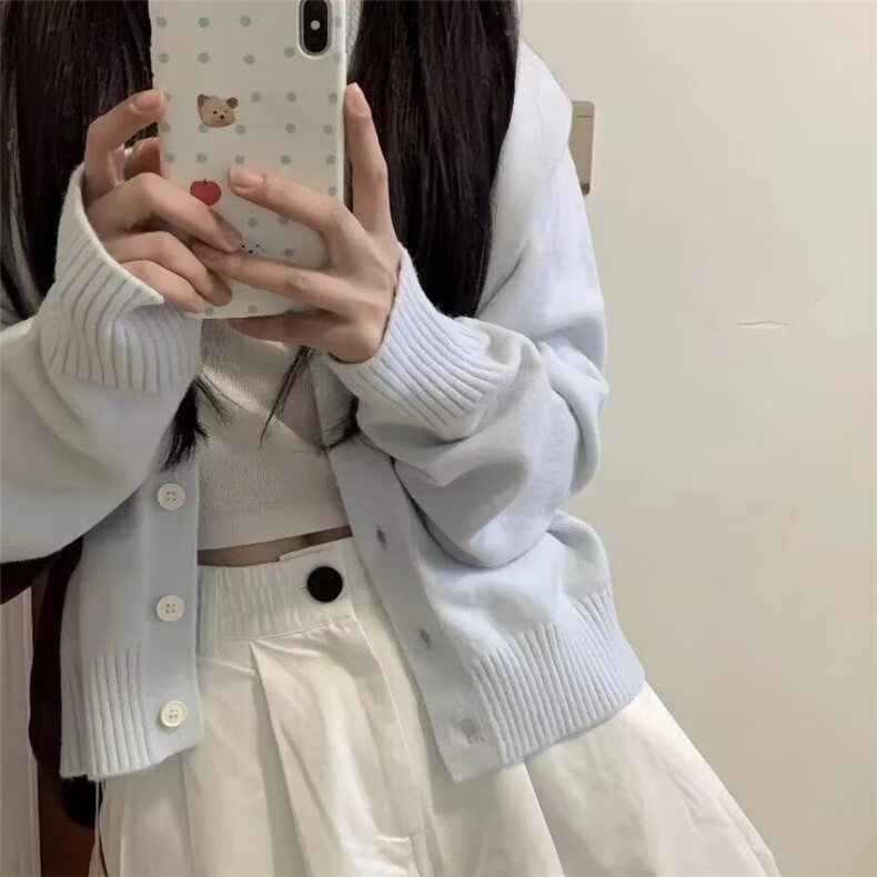 软糯感浅蓝色针织开衫女早秋韩版宽松内搭打底衫短款毛衣外套上衣,男装针织衫/毛衣,星座506A