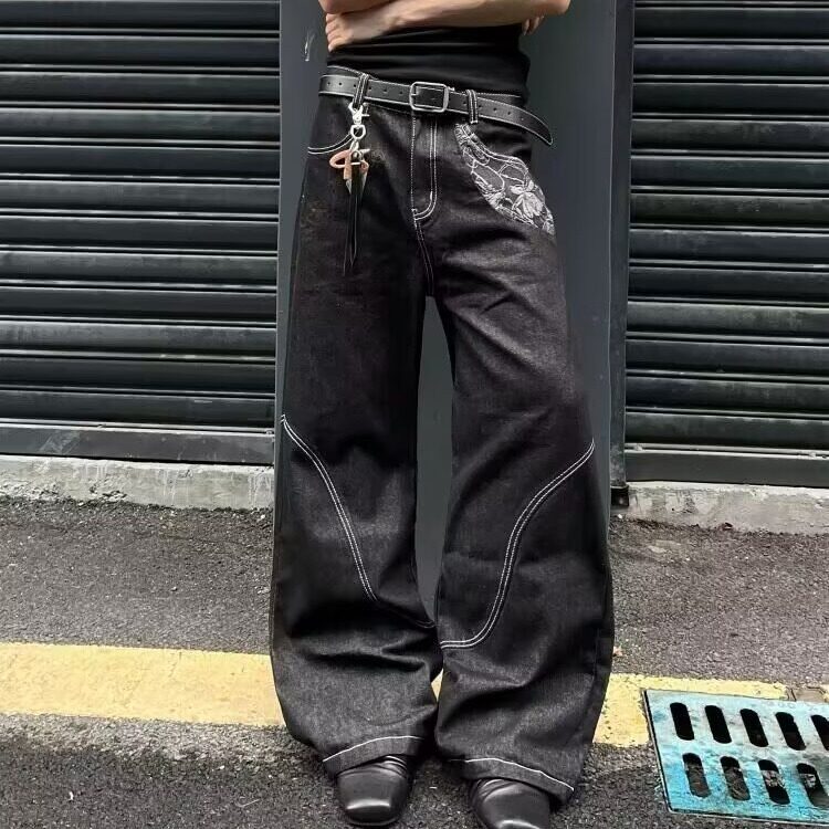 8588-P442025微喇分割牛仔裤男秋冬款水洗做旧美式高街黑色,男装牛仔裤,电商B323A