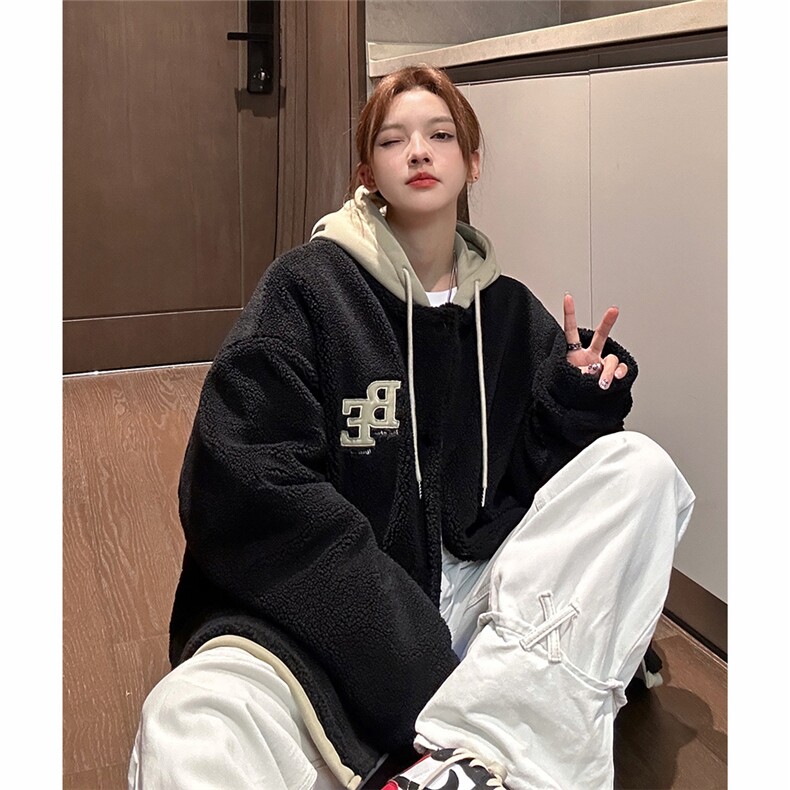 eq334贴补刺绣拼接连帽羊羔毛外套男女情侣装2024新款加厚棉服,男装棉衣,电商C306-1