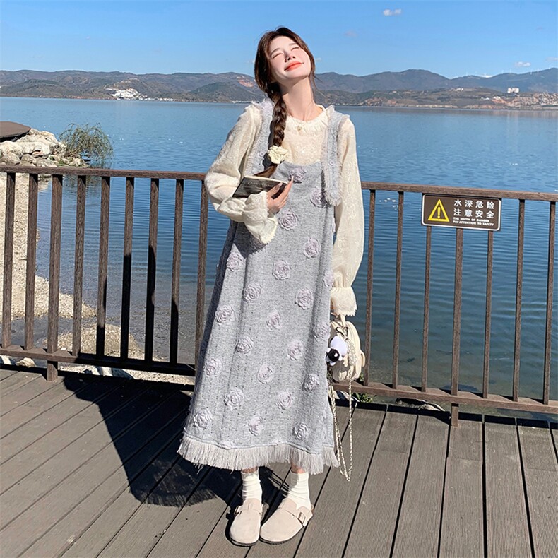 森系度假风背带连衣裙套装女2025春季新款超好看甜美小香风两件套,女装连衣裙,2C198