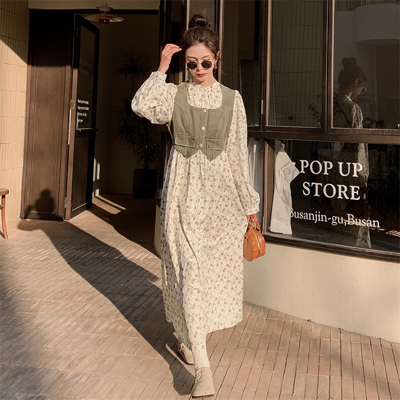 春季新款碎花牛仔拼接泡泡袖长连衣裙，女装连衣裙，来米儿