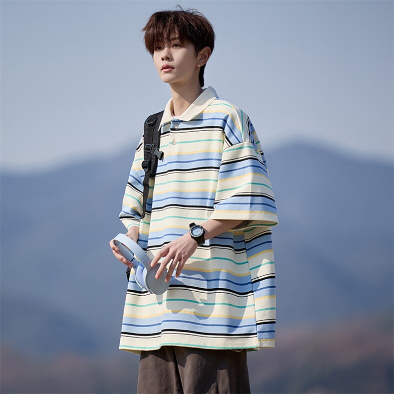 美式复古条纹Polo衫翻领短袖T恤百搭男士上衣225-2-8802-P45-控65，男装T恤，星座225-2