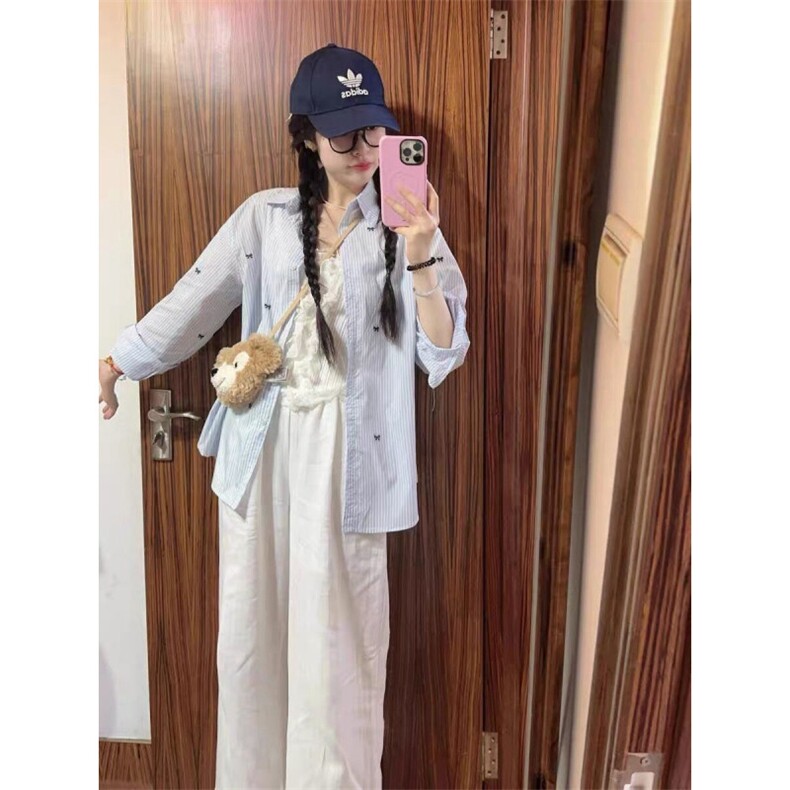 TC587-P45蓝白条纹蝴蝶结刺绣长袖衬衫女防晒衬衣上衣图片