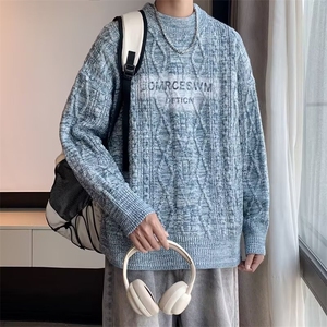 慵懒风提花圆领毛衣男秋冬季宽松保暖青少年套头针织上衣M5683图片