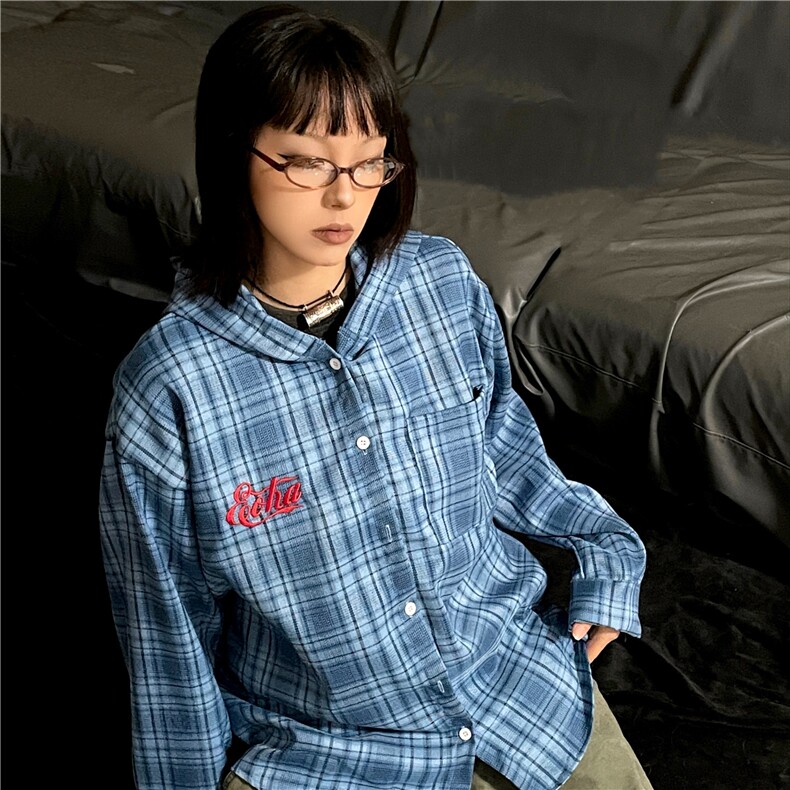 格子衬衫男女韩版潮流连帽宽松百搭帅气2024秋冬ins外套CY999-P49,男装衬衫,星座412-3