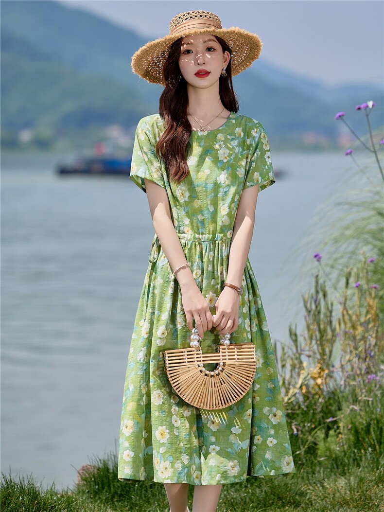 时尚碎花棉麻短袖连衣裙女夏2026新款收腰显瘦度假风休闲气质裙子,女装连衣裙,倪叶myz