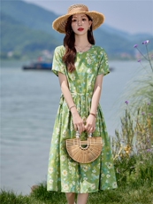 时尚碎花棉麻短袖连衣裙女夏2026新款收腰显瘦度假风休闲气质裙子，女装连衣裙，倪叶myz