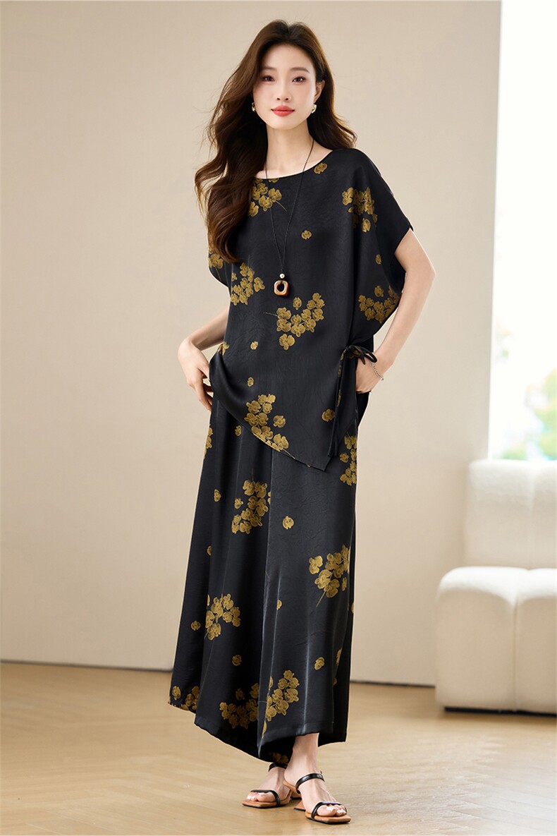 复古印花休闲套装女2025夏季新款宽松蝙蝠袖盘扣上衣阔腿裤两件套,女装套装/套裙,宝儿家