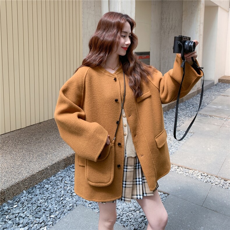 日系宽松圆领双面羊绒大衣女2025冬新款超火流行宽松百搭毛呢外套,女装毛呢外套,2C327