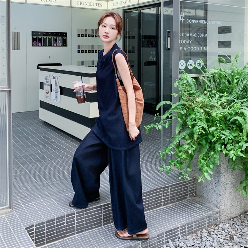 新中式国风盘扣背心套装女2025年夏季新款显瘦巨好看阔腿裤两件套,女装套装/套裙,2C278