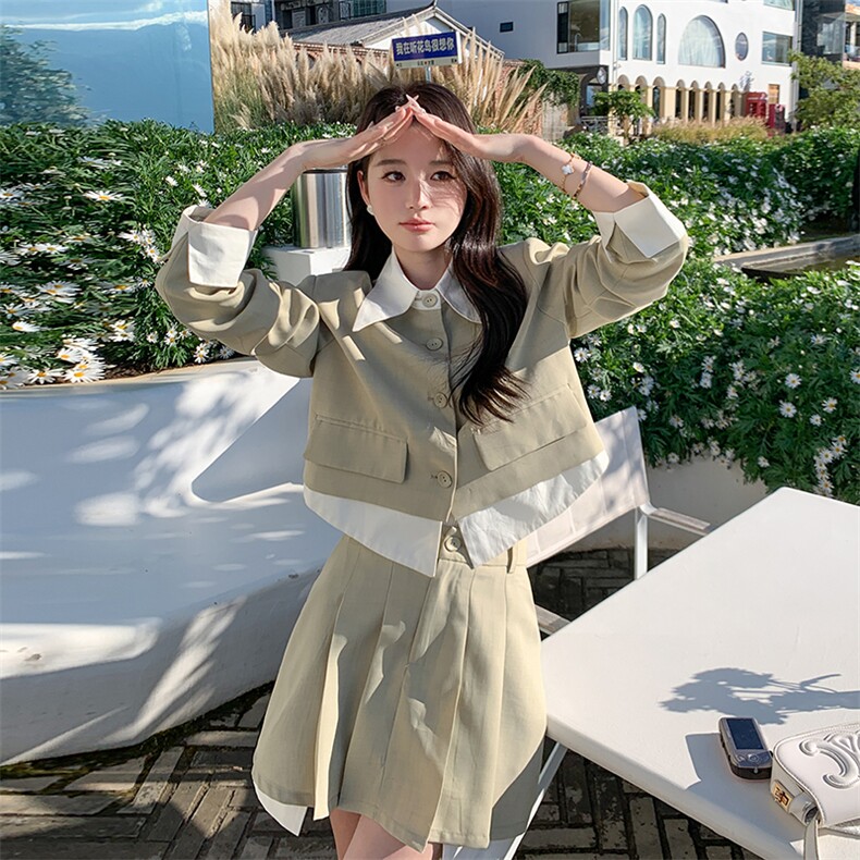 春现-学院风可盐可甜假两件外套裙套装B190-2813-P160-K218,女装套装/套裙,2B190