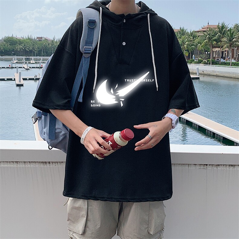 LD54111-P45连帽短袖t恤男大码胖子带帽五分袖中袖,男装T恤,电商A040