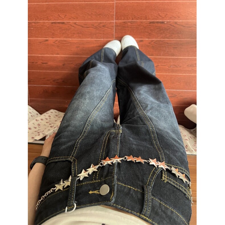 刺绣牛仔裤女新款潮牌拼接弯刀裤美式高级宽松阔腿裤WG1600-P52,男装牛仔裤,星座1008