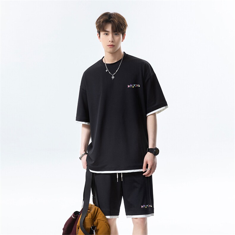 假两件休闲运动短袖套装上衣T3677特P30控58/裤子DK8635特P30控58，男装休闲套装，电商A007