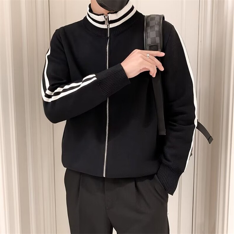秋冬季立领针织开衫外套男士针织衫夹克修身时尚百搭条纹 M879图片