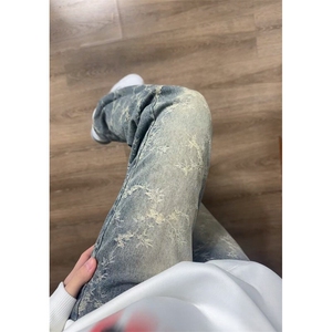 复古蓝提花牛仔裤男款春季小众设计感裤子美式高街vibe直筒微喇裤,男装牛仔裤,星座601-1,佛山市南海区钰小钰服饰店