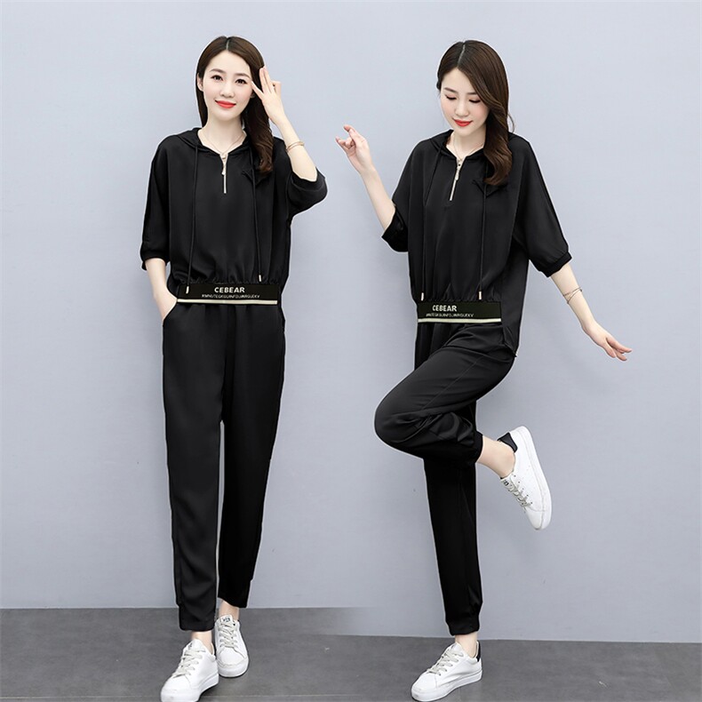 雪纺醋酸透气休闲女洋气短袖时尚气质夏束脚宽松裤运动潮，女装运动套装，一安秀