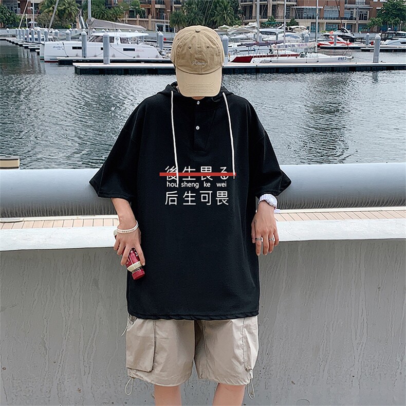 LD54028-P45连帽短袖t恤男大码胖子带帽五分袖中袖,男装T恤,电商A040