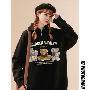 中性风22冬季趣味小熊印花时尚潮流半拉链套头毛衣M3005P75控98图片