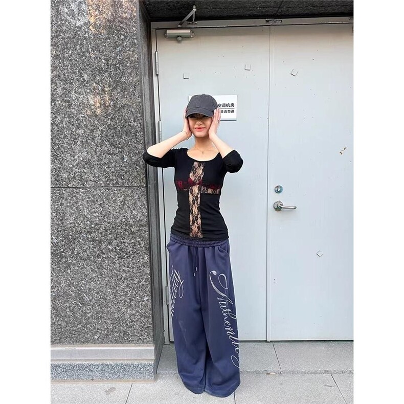 1506/GC200/P65美式设计感烫钻抽绳宽松百搭休闲直筒拖地长裤,男装休闲裤,星座1506A