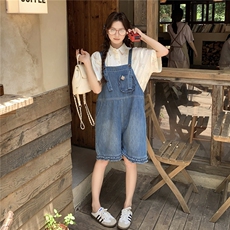 韩系小清新休闲牛仔背带裤套装女夏新款学院风减龄印花衬衫两件套，女装套装/套裙，2C120