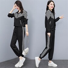 运动套装女2022新款洋气网红炸街休闲时尚棋盘格加绒卫衣两件套，女装套装/套裙，曼娅璐