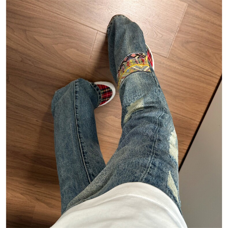民族风破洞拼接刺绣贴布设计感牛仔裤610A-1-YK240-特55图片