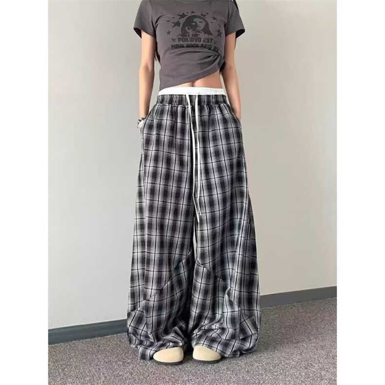 AK2144-P52复古慵懒风双腰头拼接格子阔腿裤男女同款，女装休闲裤，星座617A-2